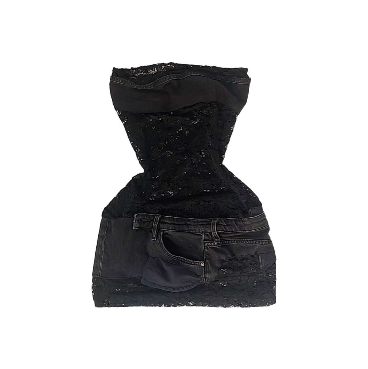 BLACK LACED DENIM MINI DRESS TAYVIAH REWRKS
