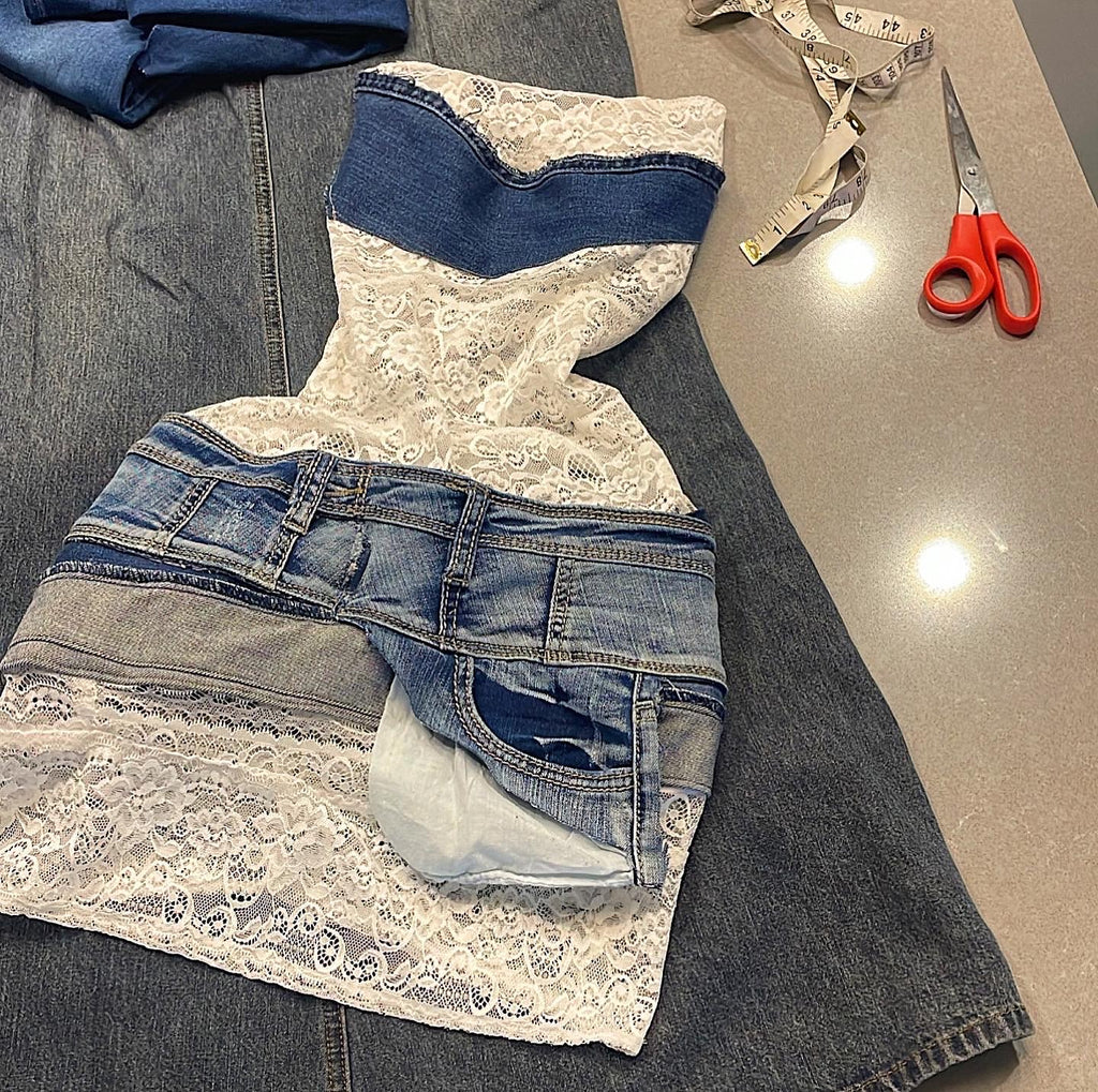 WHITE LACED DENIM MINI DRESS TAYVIAH REWRKS