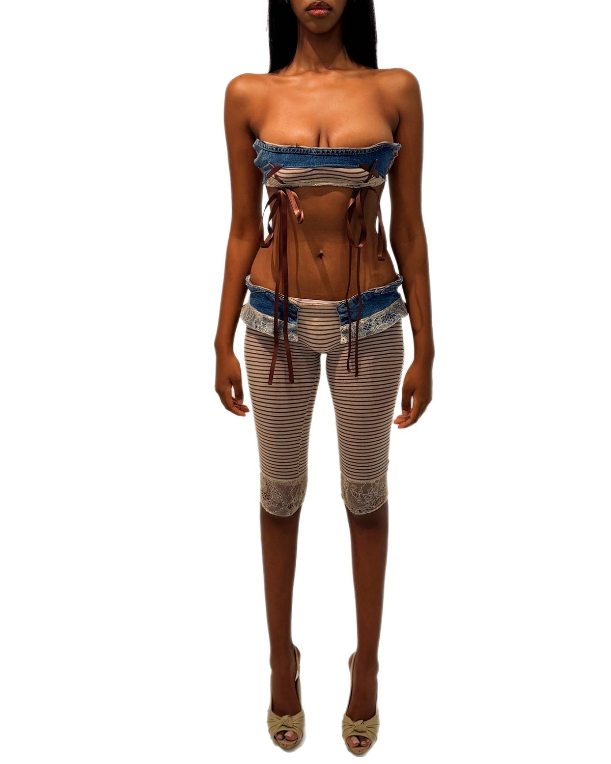 MOCHA STRIPED KNIT DENIM CAPRI LEGGINGS TAYVIAH REWRKS