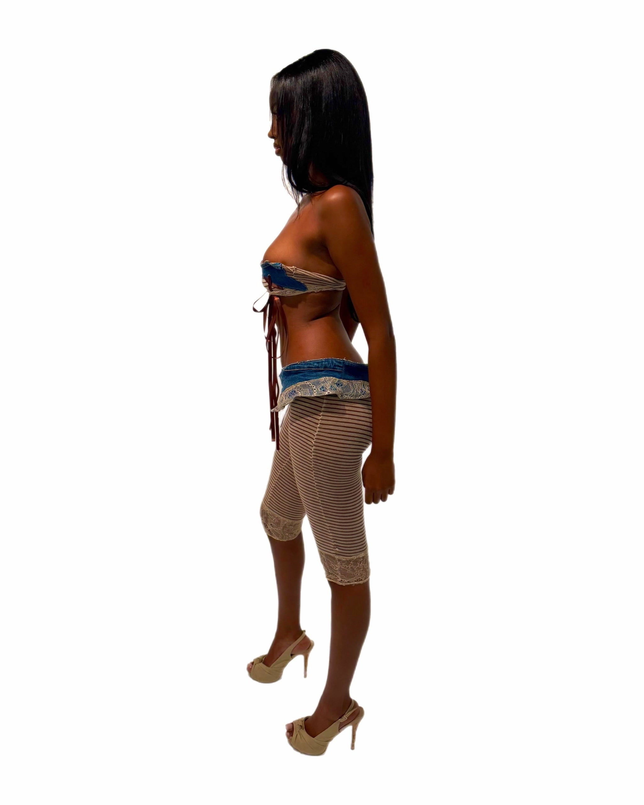 MOCHA STRIPED KNIT DENIM CAPRI LEGGINGS TAYVIAH REWRKS