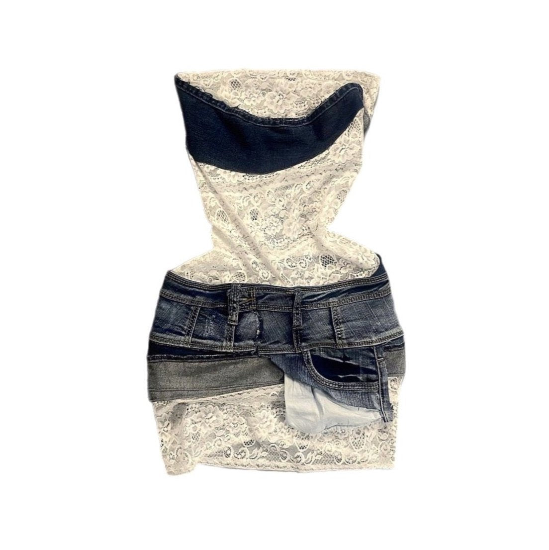 WHITE LACED DENIM MINI DRESS TAYVIAH REWRKS