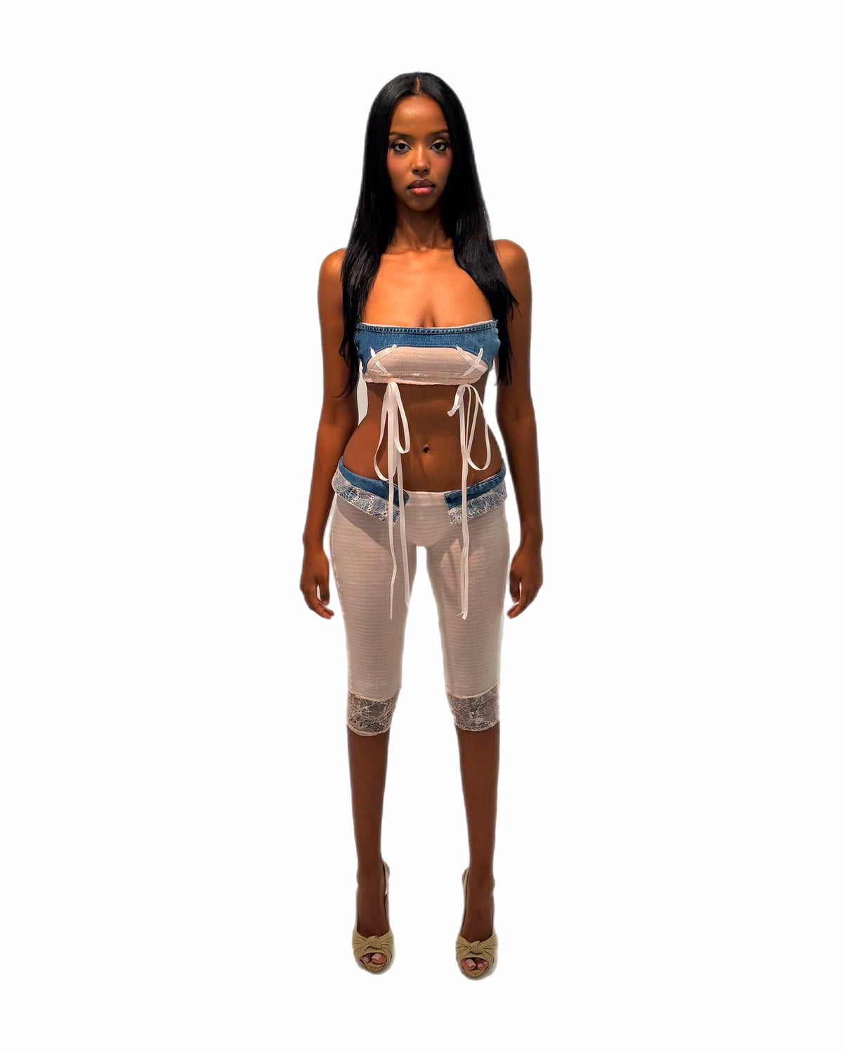 PINK STRIPED KNIT DENIM CAPRI LEGGINGS TAYVIAH REWRKS