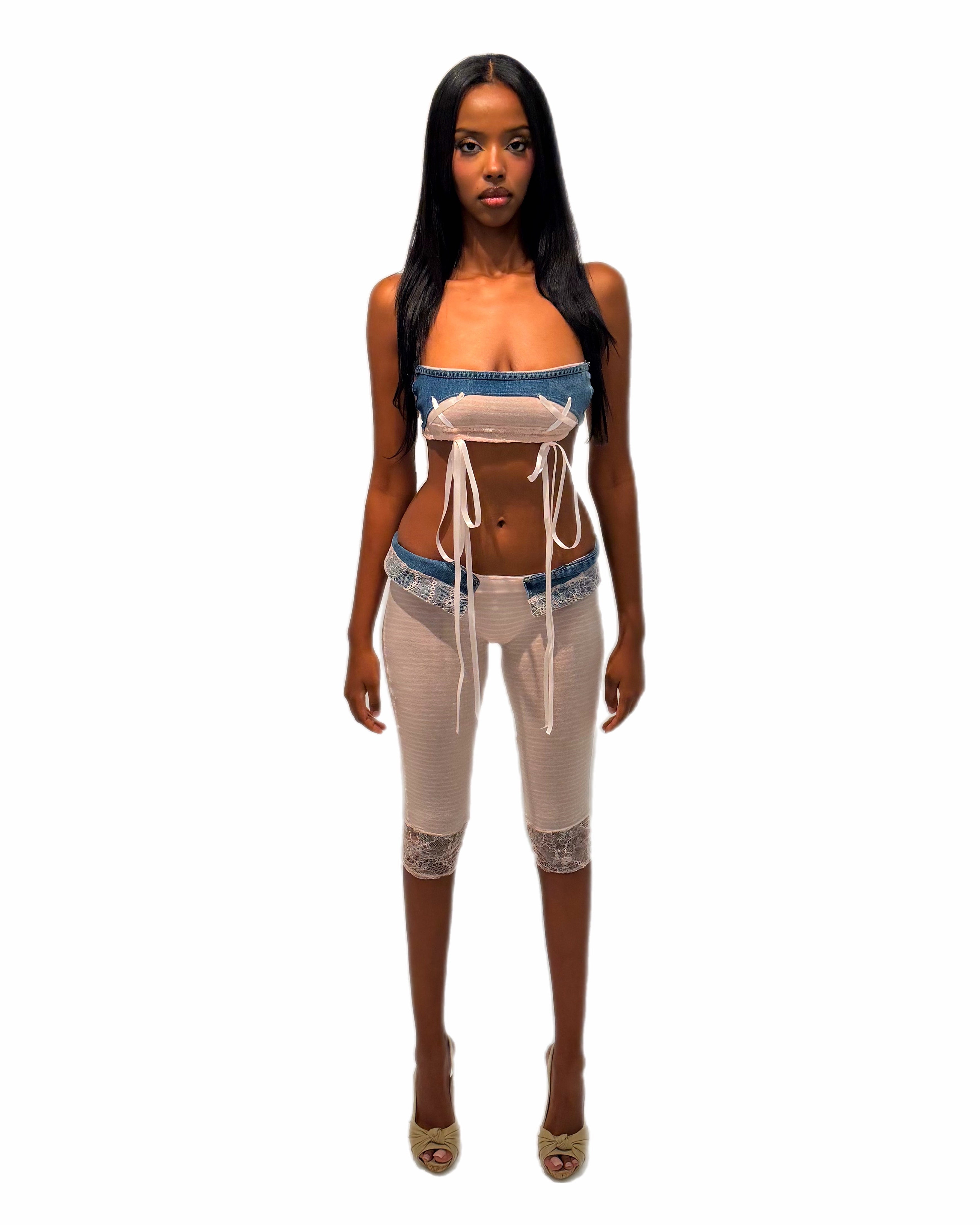 PINK STRIPED KNIT DENIM BANDEAU TAYVIAH REWRKS