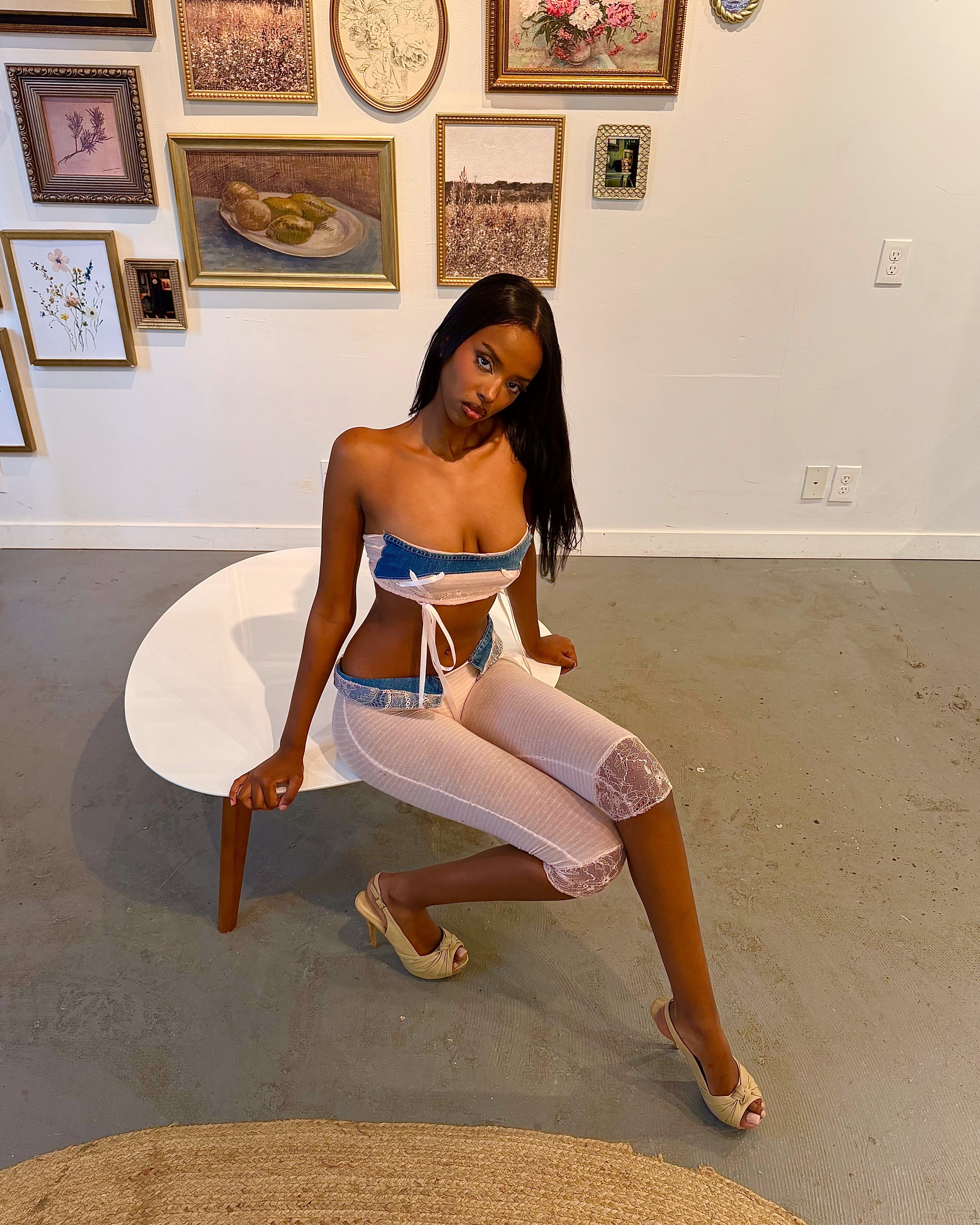 PINK STRIPED KNIT DENIM CAPRI LEGGINGS TAYVIAH REWRKS